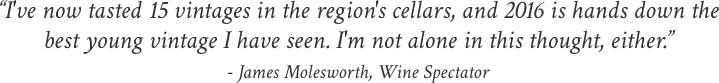 “I've now tasted 15 vintages in the region's cellars, and 2016 is hands down the best young vintage I have seen. I'm not alone in this thought, either.” - James Molesworth, Wine Spectator