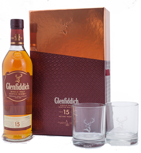 Glenfiddich 15 year-old Scotch Whisky Gift Set with 2 glasses (70cl) NV
