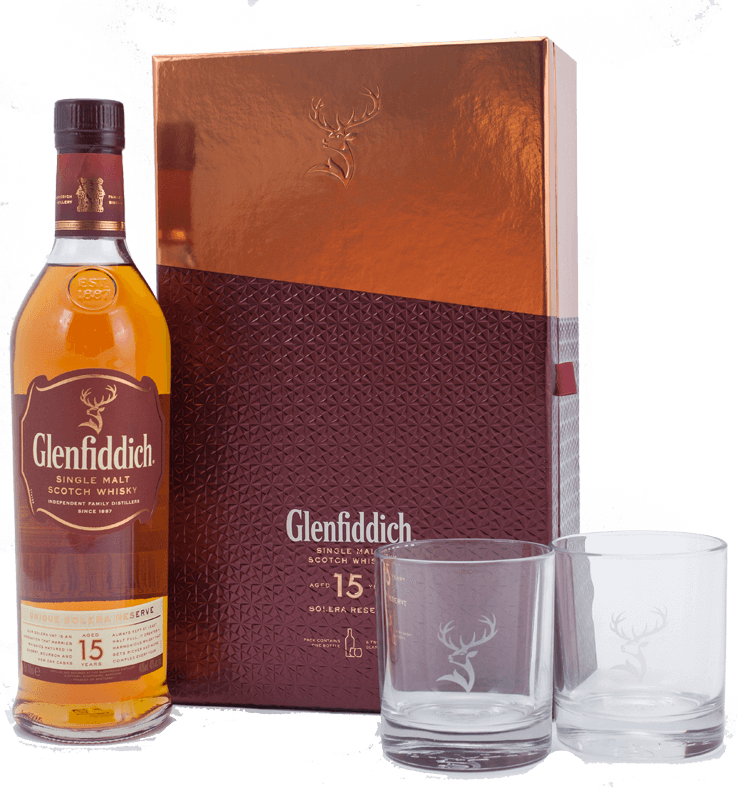 Glenfiddich 15 yearold Scotch Whisky Gift Set with 2 glasses (70cl) NV